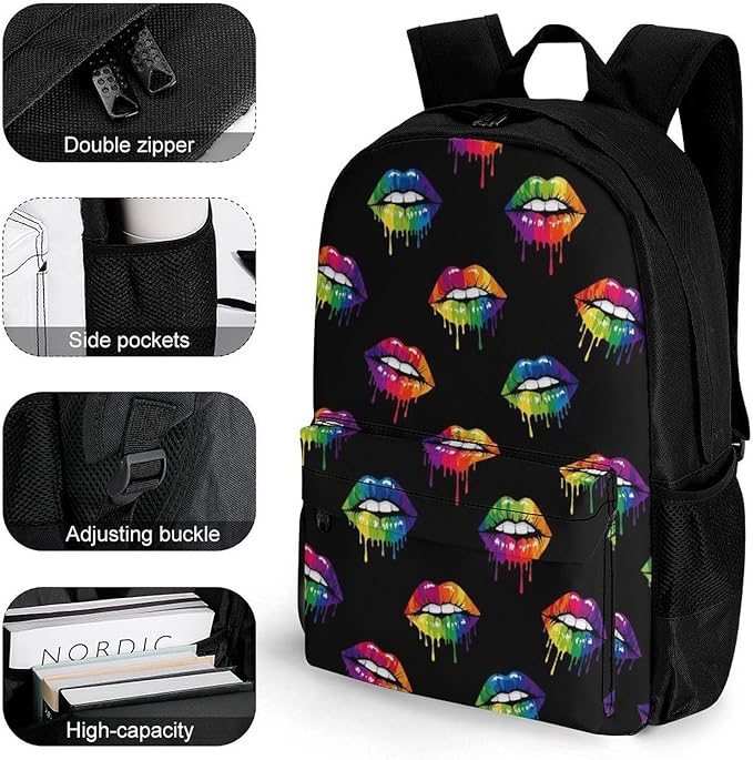 Polyester Daypack Backpack for Climbing Outdoors Running, Big Capacity Multipurpose Anti-Theft Bookbag, Lgbt Gay Homosexual Lesbian Rainbow Lips Pride Travel Hiking Camping Rucksack