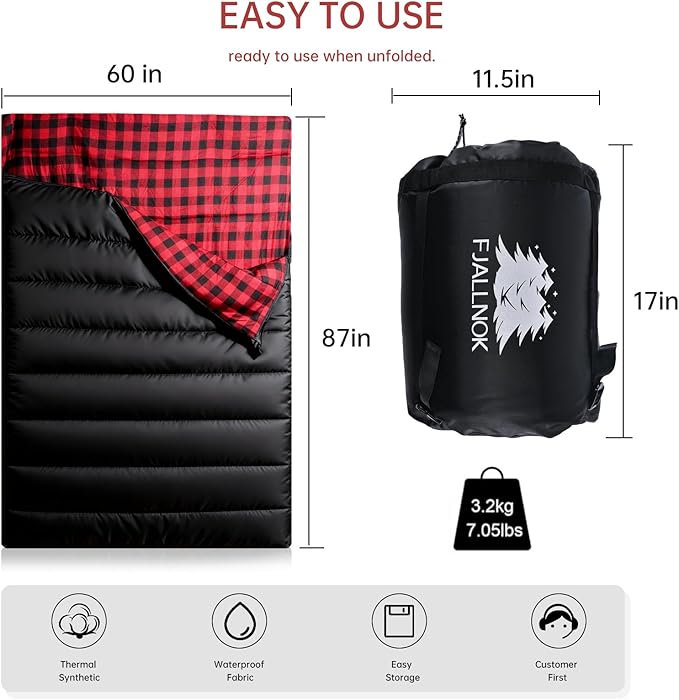 Double Sleeping Bag Cotton Flannel for Camping, Backpacking Or Hiking. Waterproof Queen Size Two Person Sleeping Bags for Adults Or Teens. Lightweight with Compression Sack