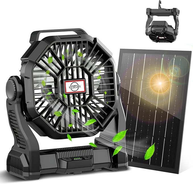 CONBOLA Solar Fans for Outside,Camping Fan, Portable Fans Rechargeable 9-Inch Battery Powered (180Hrs) LED Lantern, USB C Battery Beach Fan.