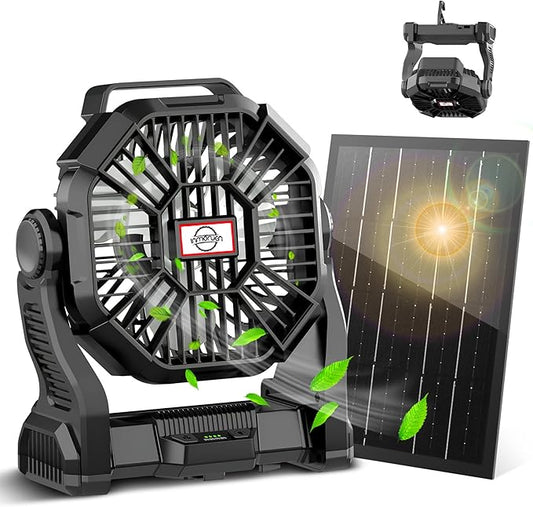 CONBOLA Solar Fans for Outside,Camping Fan, Portable Fans Rechargeable 9-Inch Battery Powered (180Hrs) LED Lantern, USB C Battery Beach Fan.