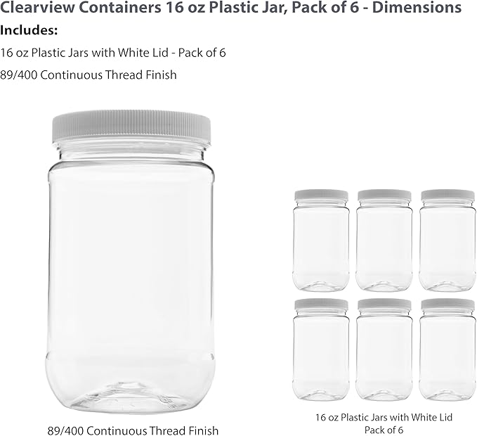 Plastic Storage Jars with Leak Proof Lids, BPA Free, Hand Wash Only (16oz Jar, 6PK)