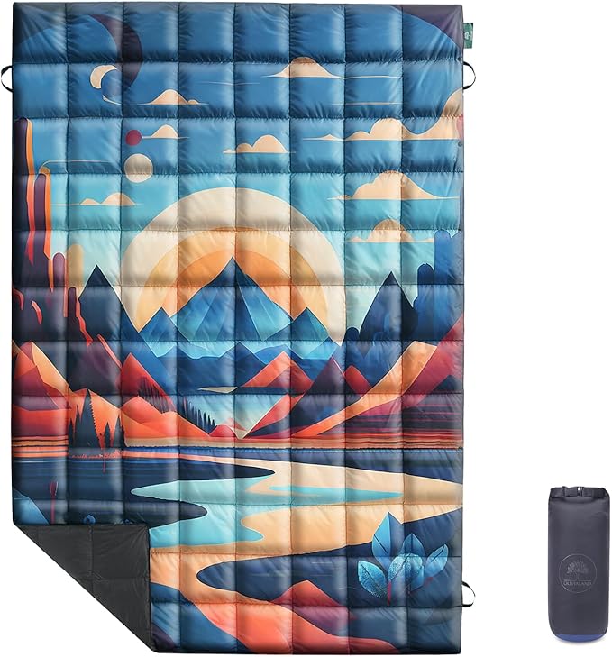 Down Camping Blanket, Ultralight Compact Packable Throw with Snaps for Outdoor Indoor, Travel Stadium Concert Picnic Beach, Puffy 650 Fill Down Water-Resistant Quilt (Mountain Sunset)