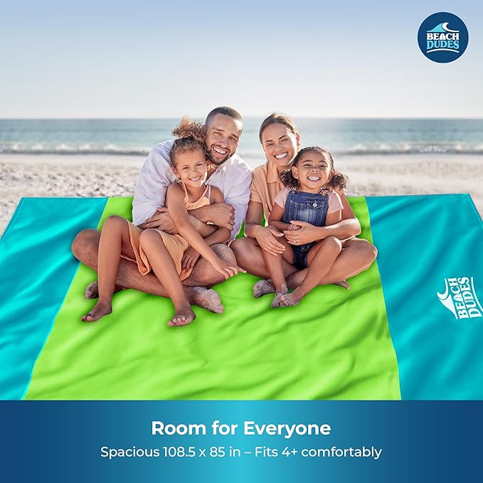 Sandproof Waterproof Beach Blanket Extra Large 108"x 84", Mat for Family, Quick Dry Ripstop Nylon Lightweight, Compact for Travel, Picnic, Camping w/ 4 Anchor Stakes and Carry Bag