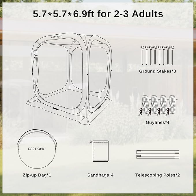 East Oak Screen House Tent Pop-Up, Portable Screen Room Canopy Instant Screen Tent 6 x 6 FT with Carry Bag for Patio, Backyard, Deck & Outdoor Activities, Light Blue