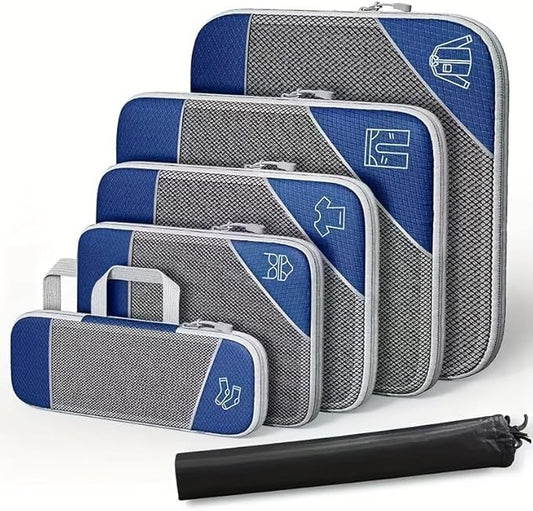 6Pcs Compression Packing Cubes Set, Waterproof Travel Luggage Organizer with Drawstring Bag, Lightweight Nylon Suitcase Storage Bags for Travel Camping Business Trip