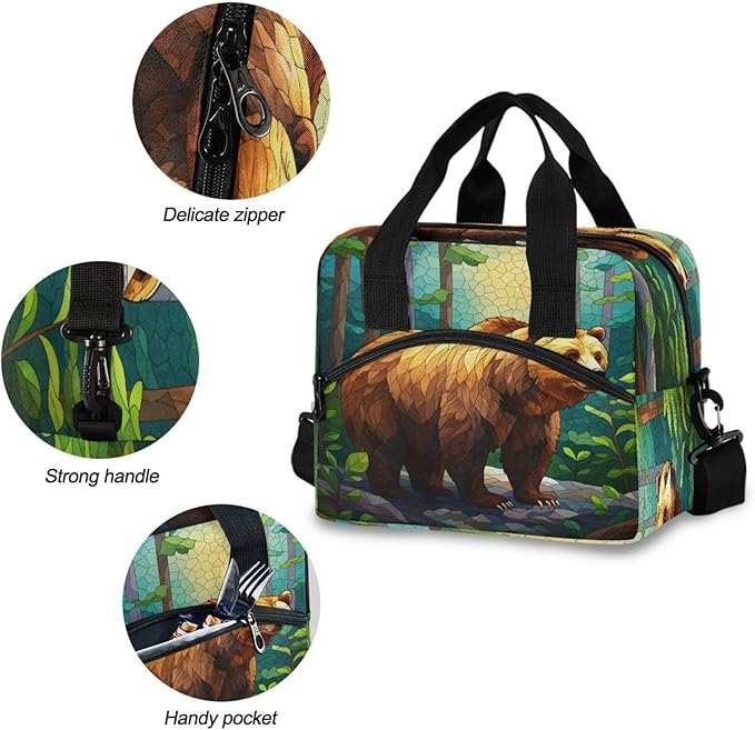ALAZA Brown Bear in Forest Lunch Box for Men Women Adults Insulated Lunch Bag Cooler Bag with Adjustable Shoulder Strap for Work Picnic Travel