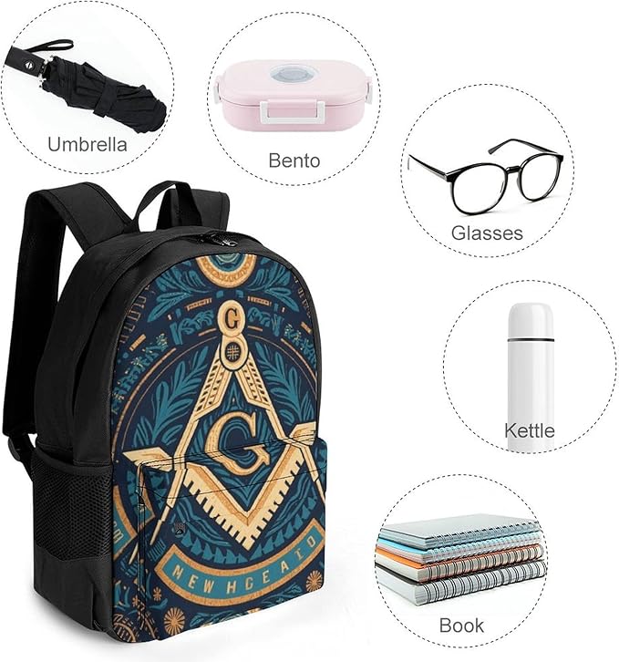 Daypack Anti-Theft Multipurpose Large Capacity Shoulder Bag, Gold Freemason Freemasonry Masonic Art Travel Hiking Camping Rucksack With Smooth Zippers