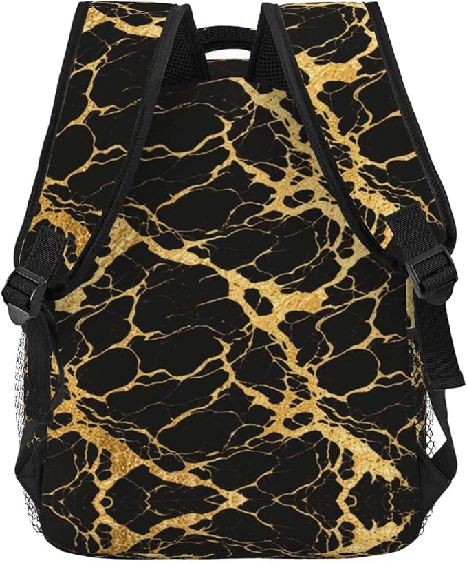 Backpack Anti-Theft Multipurpose Large Capacity Carry On Bag, Black Marble Gold Texture Art Camping Outdoor Backpack With Side Pockets