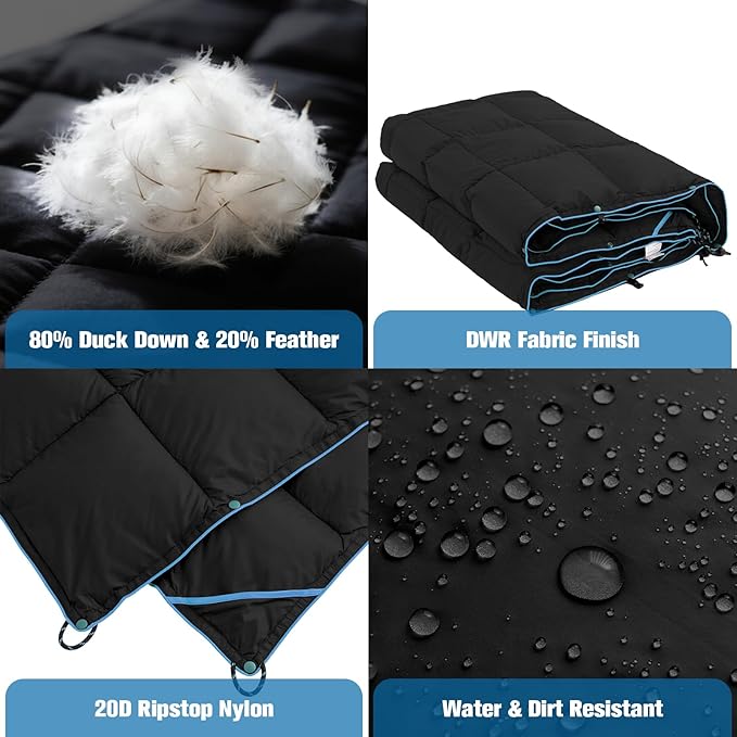 Down Camping Blanket - Black, 1lb 6oz / 77 * 52'' Lightweight Packable Warm Puffy Travel Quilt with Footbox, 650 Fill Power Outdoor Blankets for Hiking, Travel, Hammock & Stadium Down Quilt