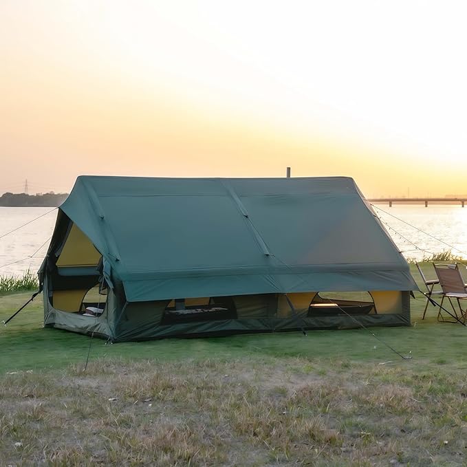 Inflatable Camping Tent with Hand Pump Waterproof Outdoor Blow up Tent Oxford 4 Season Air Tent Cabin House with Mesh Windows & Door 12sq/6sq Green