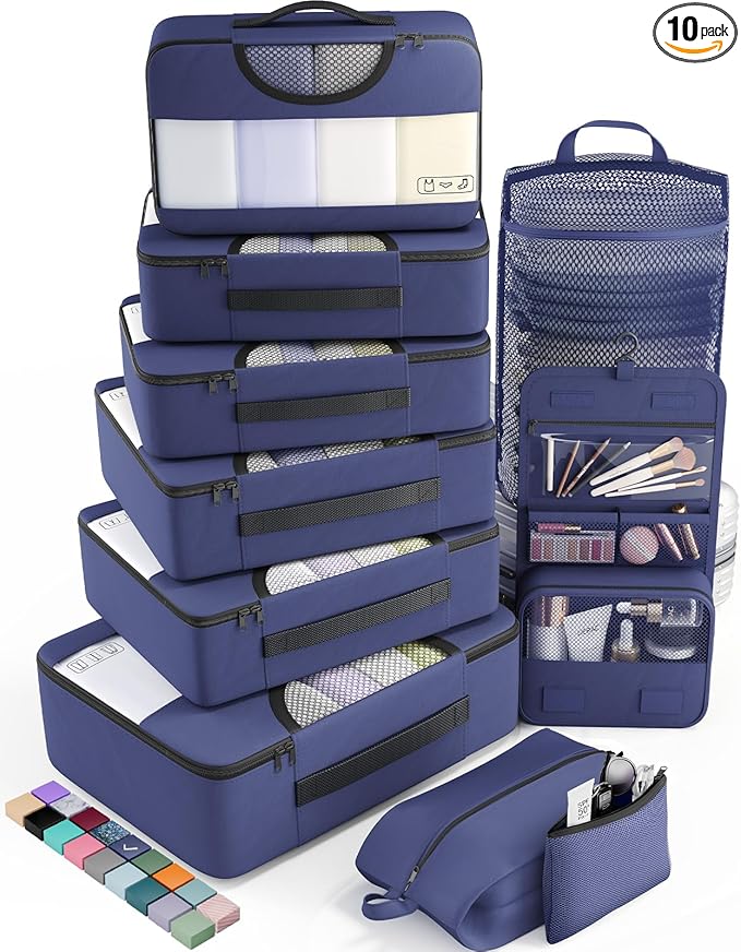 Veken 10 Set Packing Cubes for Travel Essential, Suitcase Organizer Bags in 4 Sizes, Carry-On Luggage Accessories with Large Laundry & Hanging Toiletry Bag, Must-Have for Airplane, Road Trip & Camping