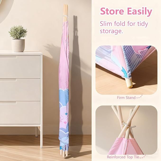 Pink Pony Teepee Tent for Bedroom,Cat Teepee Tent Reading Tent for 3–6 Year Old Toddle with Light & Mat, Cozy Hideout Girls'Bedroom Décor,Girl Sleepover Party, Cat House