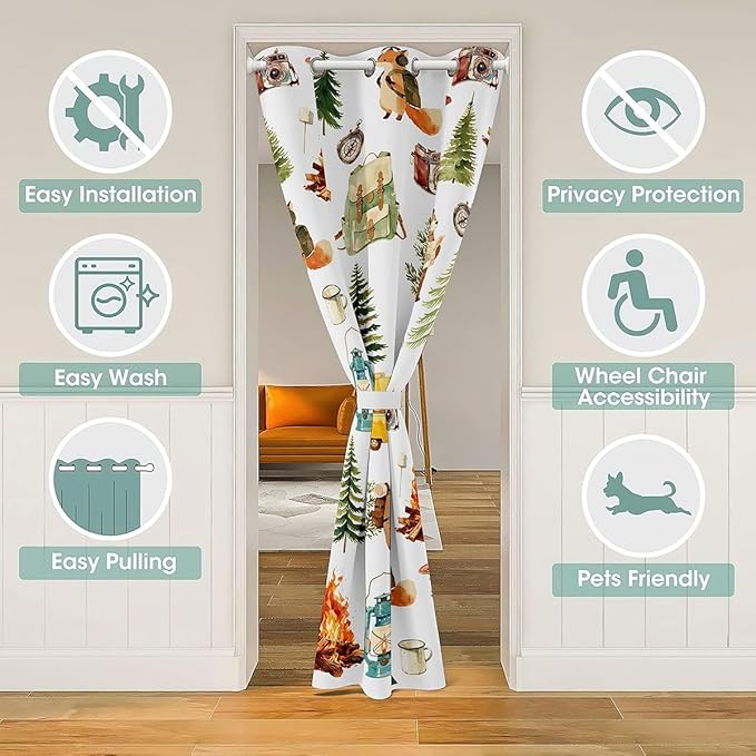 Happy Camping Door Curtain For Doorway Privacy - Campfire Cartoon Adventure Blackout Curtain Retro Camping Accessories RV Camper Door Drape Cute Woodland Animal Bear Fox Window Treatment 59"W x 80"L