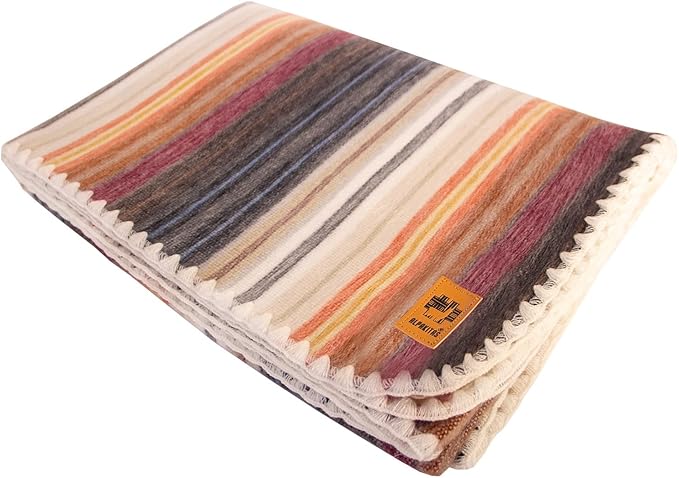 Alpaca Wool Blanket - Queen Size Bed Blanket - Alpaca Throw - Best Gift & Warm Throw, Lightweight, Couch or Camp- Outdoor - 87 x 64 inches (White & Brown)