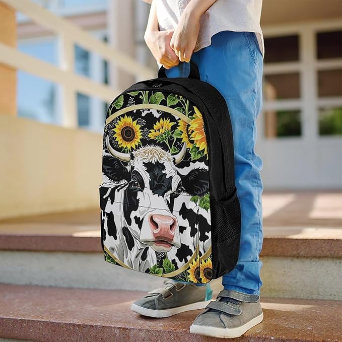 Supdreamc Lightweight Rucksacks for Climbing Outdoors Walking Cycling, Large Capacity Anti-Theft Multipurpose Carry On Bag, Farm Cow Sunflower Print Camping Outdoor Backpack