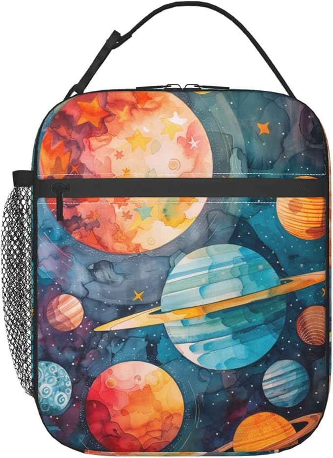 Colorful Galaxy Insulated Lunch Box for Women Men Cartoon Planet and Star Lunch Bag for Work,Picnic,Travel,Hiking,Beach or Fishing Polyester Astronomy Enthusiasts Lunch Box