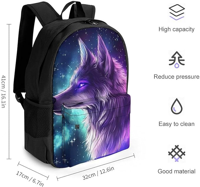 Men Women Lightweight Purple Universe Space Galaxy Magic Wolf Art Daypack Bookbag Big Capacity Carry On Bag With Side Pockets for Camping Travel Bicycle