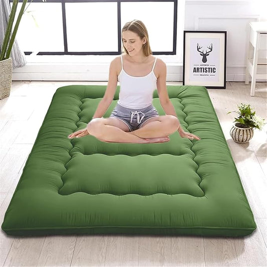 Japanese Floor Mattress,Thicken Japanese Floor Sleeping Pad Foldable,Roll Up Tatami Mat Easy to Store and Portable,Futon Mattress Suitable for Camping and Guest Room (Green, Queen (80" X 60"))