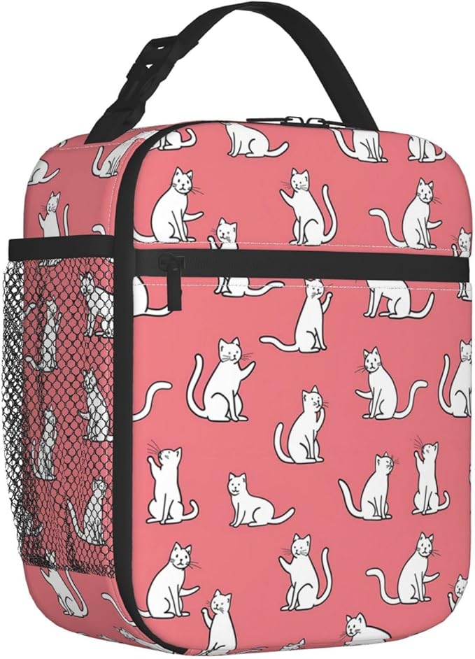 Reusable White Cat Lunch Box for Kids Girls Boys Women Adult, Insulated Cute Lunch Bag,Polyester Cooler Animal Handbags Case for School Picnic Work Travel Beach or Hiking (Pink)
