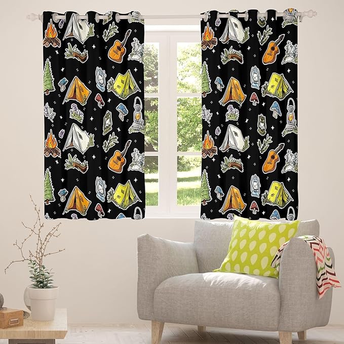 Feelyou Black Camping Camper Curtains for Bedroom Living Room Campfire Music Guitar Blackout Darkening Drapes Happy Camping Window Treatments, 2 Panels 52 x 63 Inch Room Decor