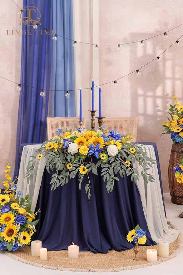 TINGE TIME Artificial Sweetheart Flower Swag with Tablecloth and Table Runner, Pack of 3 Floral Arrangement for Wedding Sweetheart Table Centerpiece Decoration Valentine's Day (Sunflower&RoyalBlue)