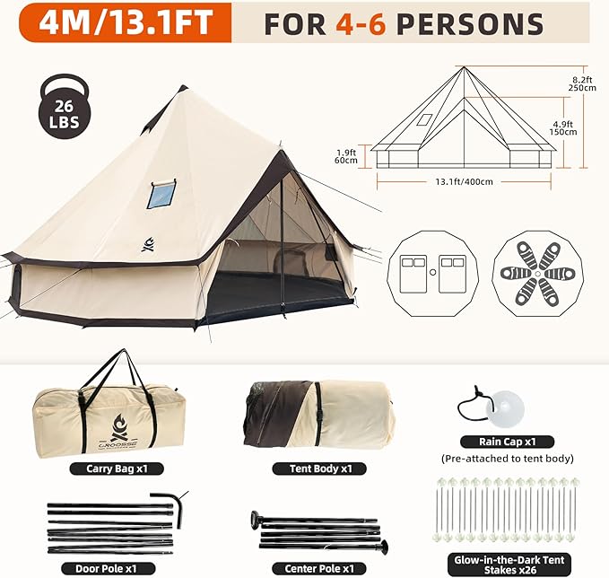 Oxford Bell Yurt Tent with Stove Jack, Easy-to-Maintain Yurts for All Year Living, 4 Season Yurt Tents for Camping, Family Glamping Tent for 2-6 People