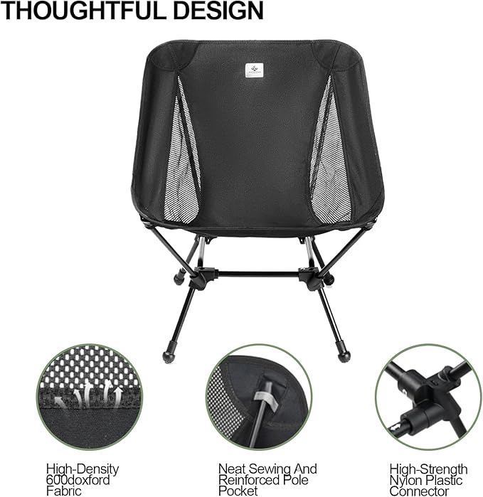 Camping Chair, Foldable with Storage Bag, Portable & Lightweight for Adults, 330lbs Capacity - Hiking, Fishing, Beach, Lawn (Black)