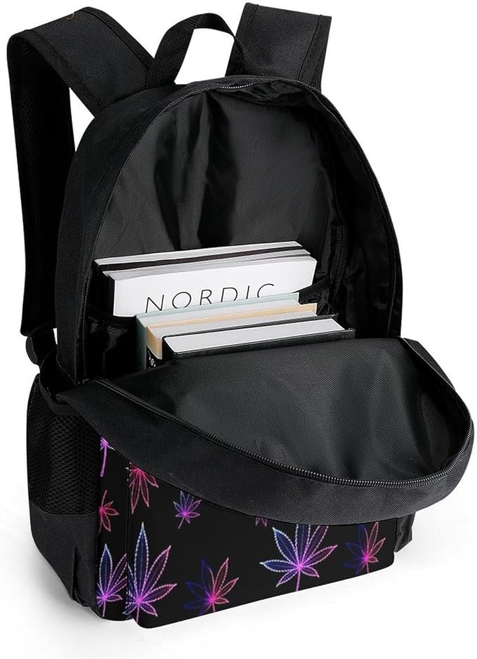 Rucksack Polyester Anti-Theft Multipurpose Trippy Neon Purple Weedleaf Leaf Black Carry On Bag Large Capacity Travel and Sport Backpack Rucksack With Smooth Zippers