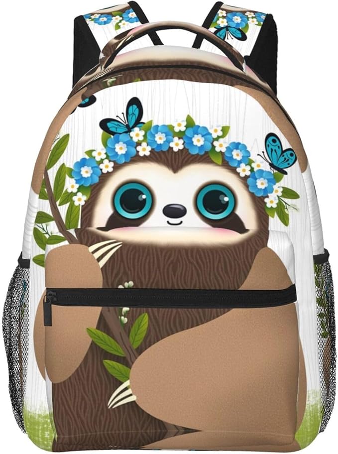 Daypack Backpack Anti-Theft Multipurpose Large Capacity Carry On Bag, Cute Sloth Blue Flowers Art Traveling Camping Backpack With Side Pockets