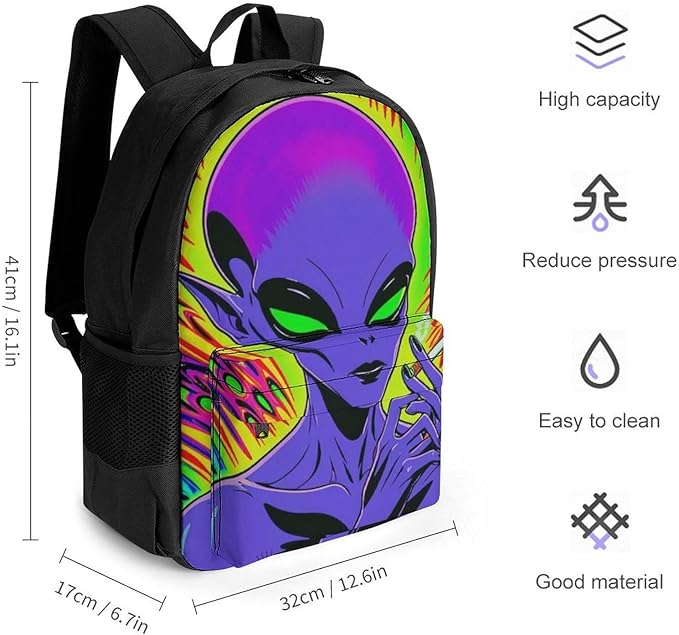 Men Women Polyester Trippy Alien Art Daypack Big Capacity Shoulder Bag With Smooth Zippers for Hiking Work Walking Cycling