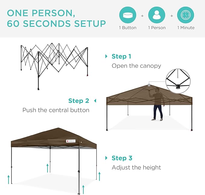 Best Choice Products 8x8ft Pop Up Canopy Tent, Outdoor Shade, 1 Person 1 Minute Set Up, Carry Case, 4 Weight Bags - Brown