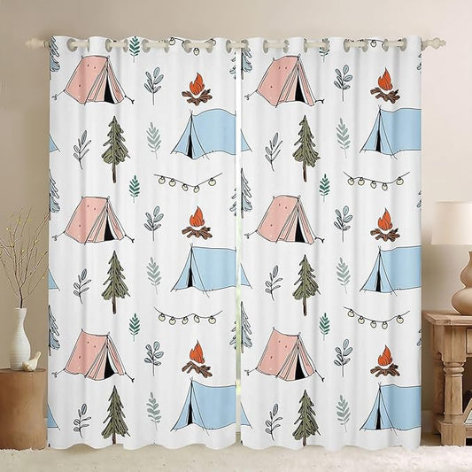Feelyou Camping Camper Curtains for Bedroom Living Room Campfire Tent Blackout Darkening Drapes Happy Camping Window Treatments, 2 Panels 52 x 90 Inch Room Decor