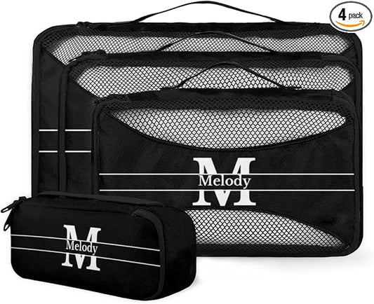 Personalized Packing Cubes, Set of 4 with Zipper Handles for Men Boys, Custom Name Travel Suitcases Luggage Packing Organizers, Solid Black with Initial Letter