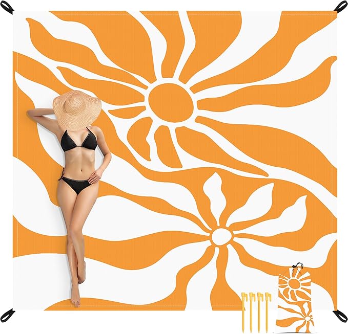 110''×118'' Waterproof Sandproof Beach Blanket 8 Adults, Sand Free Boho Sun Outdoor Beach Mat with 4 Stakes, Extra Large Compact Picnic Pockets Blanket Essential for Travel, Camping, Summer Vocation