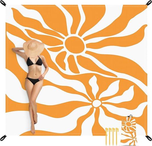 Beach Blanket, 78''×86'' Waterproof Sandproof Beach Mat with 4 Stakes & 4 Pockets, Lightweight Outdoor Picnic Blanket for Travel, Camping, Hiking