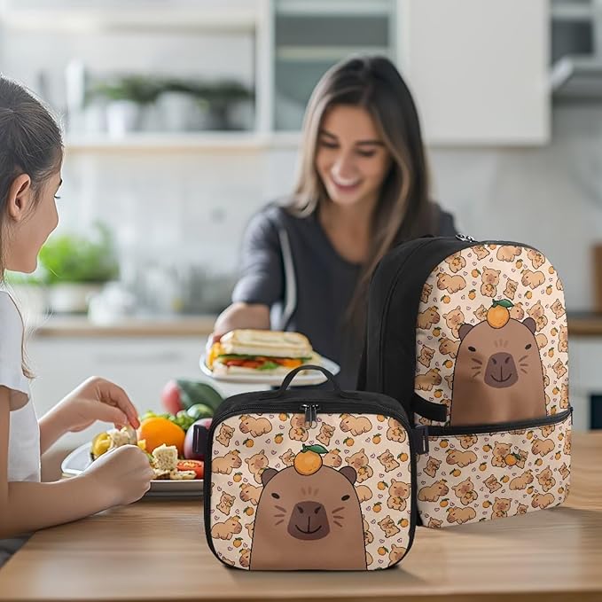 HUGS IDEA Orange Capybara School Backpack for Girls 8-10 with Lunchbox Backpacks for Elementary Students School Bag Large Capacity School Book Bag for Kids Casual Travel Daycare