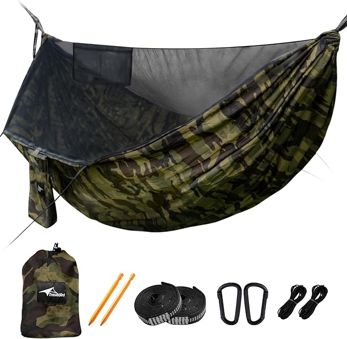 Camping Hammock with Mosquito Net and Ridge Rope, Extra Large for 2 Person, Lightweight Hanging Hammocks Tree Straps, All-in-one Fast Open Hammock for Outside, Hiking, and Travel
