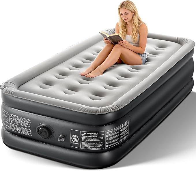 Camping Twin Air Mattress with Built-in Pump 18" Thickness 330lbs Heavy Duty Comfortable Blow up Air Mattress with Carry Bag Inflatable Foldable Flocked Top Air Bed for Travel, Home (Black & Grey)