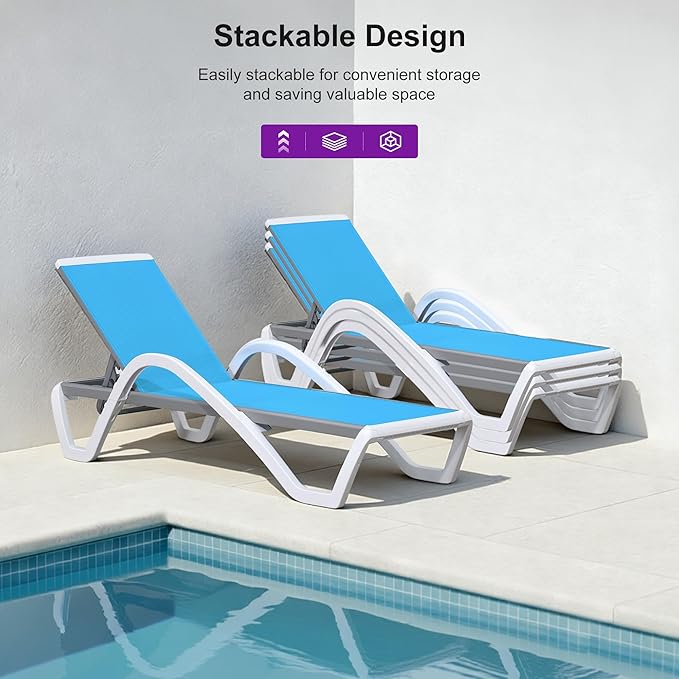 PURPLE LEAF Patio Chaise Lounge Chair Set Outside Aluminum Plastic Stackable Tanning Chairs with Armrests and Side Table for Pool Sunbathing Beach Deck Outdoor Lounger, Turquoise Blue