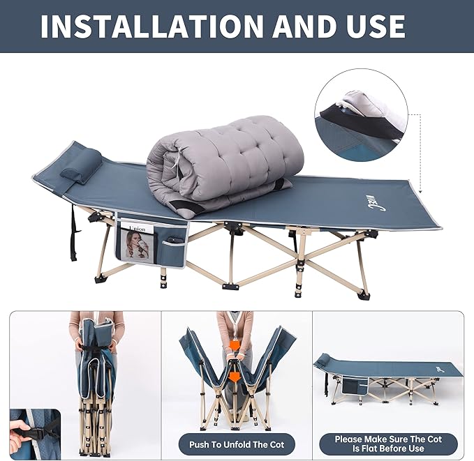Nice C Camping Cots with Cushion, Camping Cots with Mattress, for Adults, Folding Cot, with Pillow, Carry Bag & Storage Pocket, Extra Wide Sturdy, Holds Up to 500 Lbs (1, Mattress Grey)