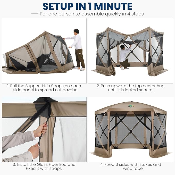 COBIZI 12x12FT Pop Up Gazebo Screen Tent Screen House for Camping, Screen Room with Mosquito Netting, Hub Tent Instant Screened Canopy with Carrying Bag and Ground Stakes, Khaki(Upgraded)