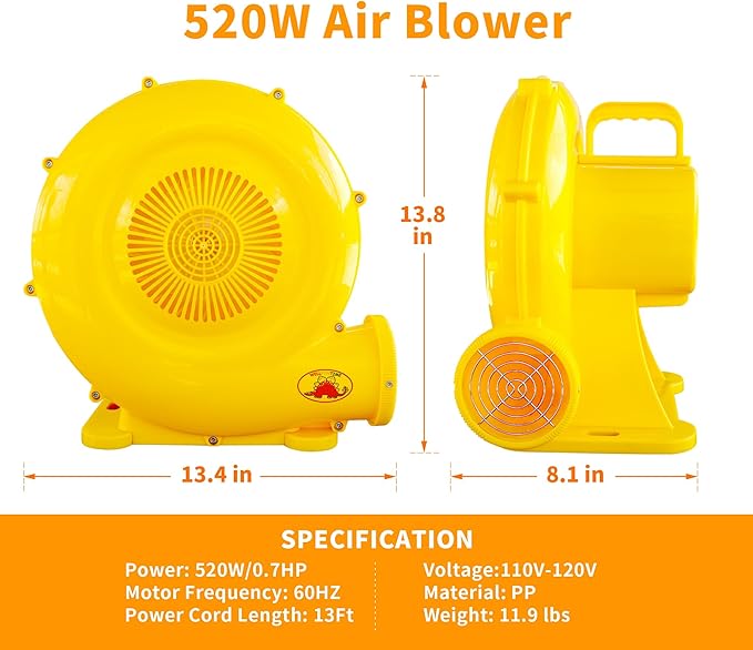 Bounce House Air Blower, 520W Blower for Inflatable Water Slide, Bouncy Castle, Inflatable Screen, Inflatable Tent, Floor Fan, Dryer