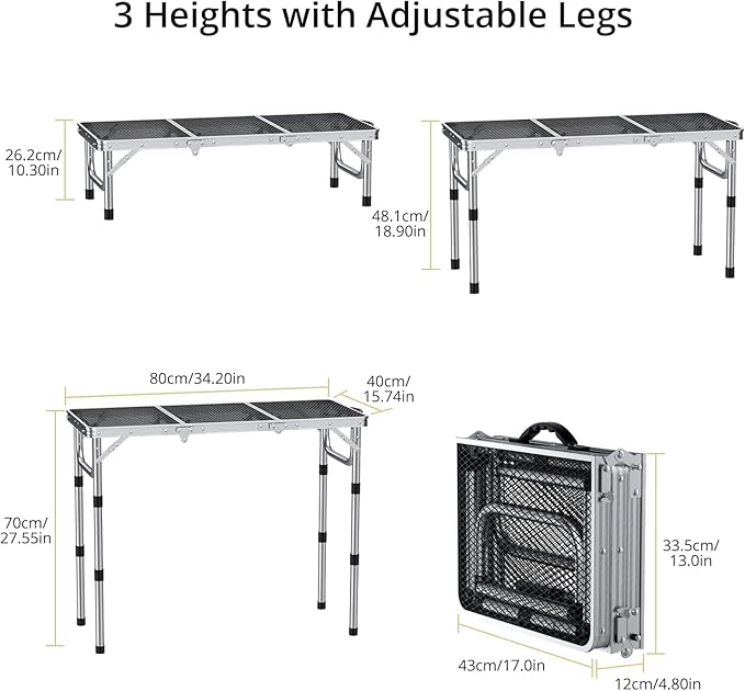 3ft Folding Grill Table with Storage Bag, 3 Adjustable Height 27.5" Aluminum Portable Grill Table, Heat Resistant, Lightweight, Portable Handle for BBQ Cooking Camping Travel, 35" X 16", Silver