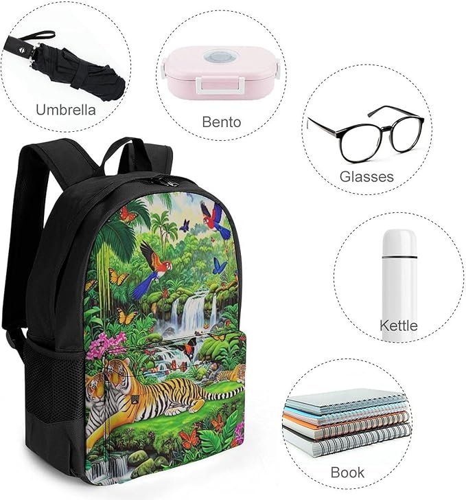 Supdreamc Shoulder Book Bags Anti-Theft Multipurpose Big Capacity Bookbag, King Of The Tiger Tropical Rainforest Landscape Jungle Parrot Birds Travel Hiking Backpack With Smooth Zippers