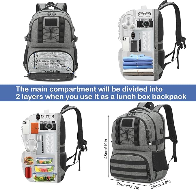 Laptop Lunch Backpack for Men - 40L Large Capacity Work Backpack with Lunch Compartment and USB Post, RFID Insulated Cooler Backpack for Work, Travel, Picnic, Black+Gray