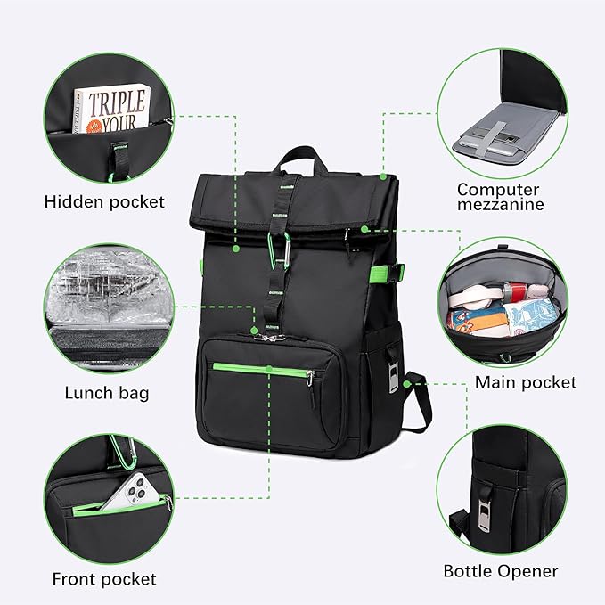 LOIDOU Lunch Backpack for Men Work, Waterproof 15.6 Laptop Backpack with Lunch Box Compartment, Insulated Lunch Bag for Business College Beach Camping Picnics, Womens Gifts Cooler Backpacks, Black