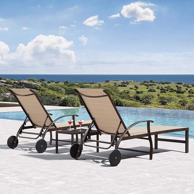 PURPLE LEAF Outdoor Chaise Lounge Chair Set of 3 Patio Pool Lounger Aluminum Chairs with Side Table and Wheels Adjustable Tanning Recliner for Outside Backyard Yard Deck Balcony Beach Light Khaki