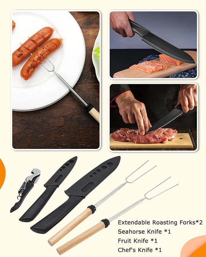 Camping Cooking Set - Camping Utensil Set Car Camping Cooking Essentials Gear for Camp Kitchen Cooking and Grilling, Stainless Steel & Silicone Ideal Gift for RV Tent Camper, Picnics, BBQs