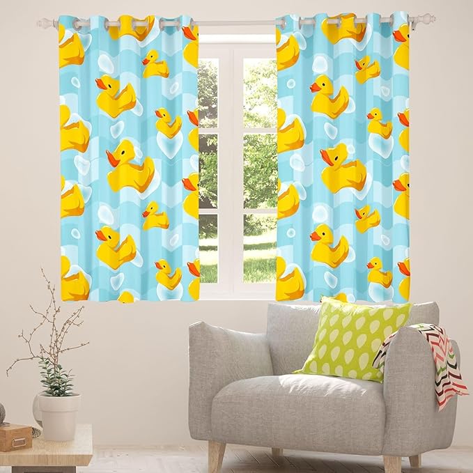 Cute Cartoon Ducks Window Curtain | Duck Shower Window Drapes for Men Bedroom Decor,Blue Grids Blackout Curtains Beach Party Living Room Top 2 Panels,52Wx63L