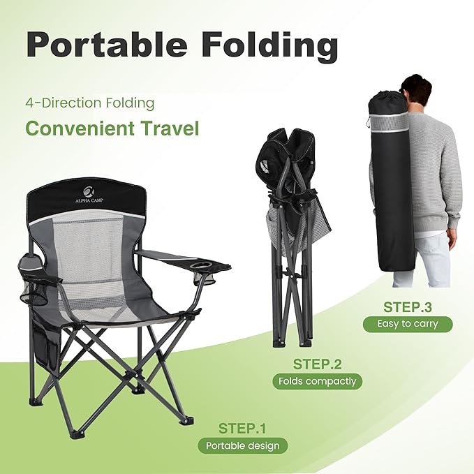 LET'S CAMP Mesh Back Camping Chair Portable Folding Heavy Duty Outdoor Chair Support 330 LBS Durable Large Arm Chair with Cup Holder and Carry Bag for Camp, Fishing, Hiking, Black